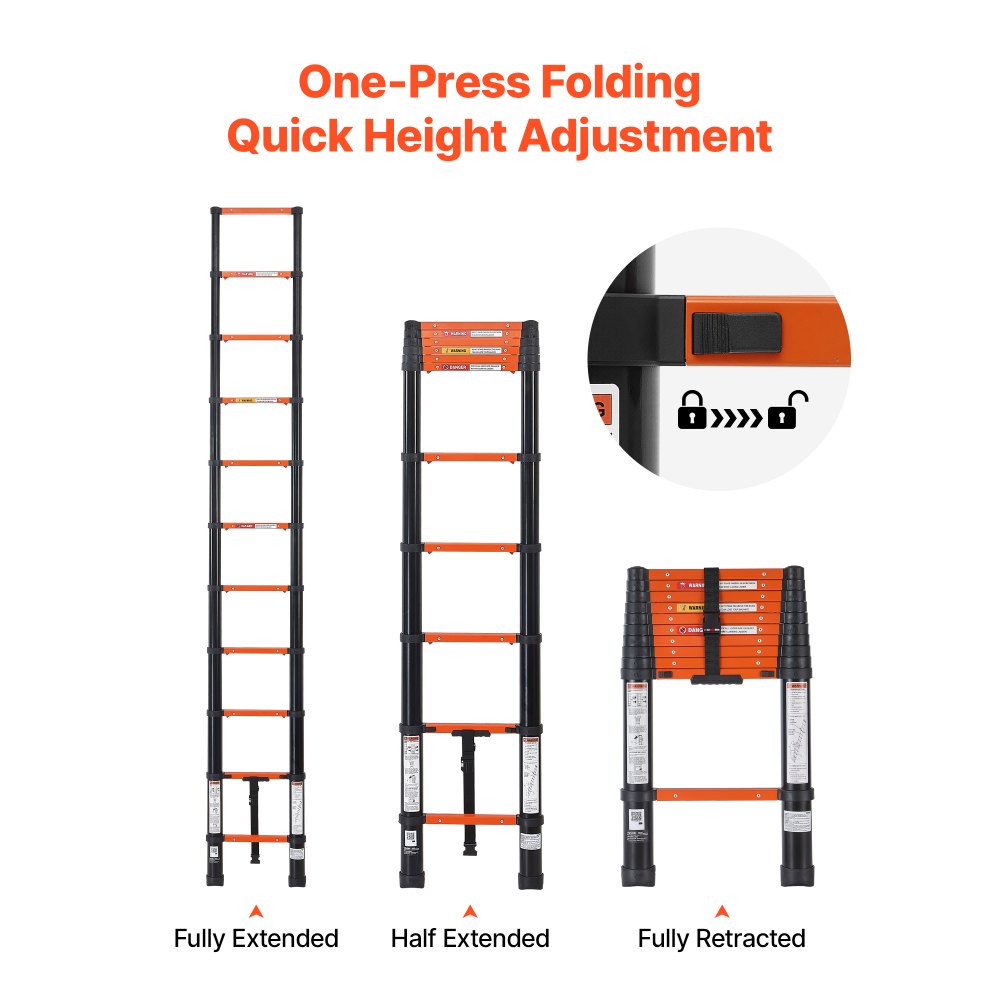 VEVOR Telescoping Ladder, 10.5 ft Extension Ladder One-Button Retraction, Heavy-Duty 330 lbs Capacity, for Home Repairs, Painting, Window Cleaning and RV, Aluminum, Anti-Slip Steps, Orange & Black