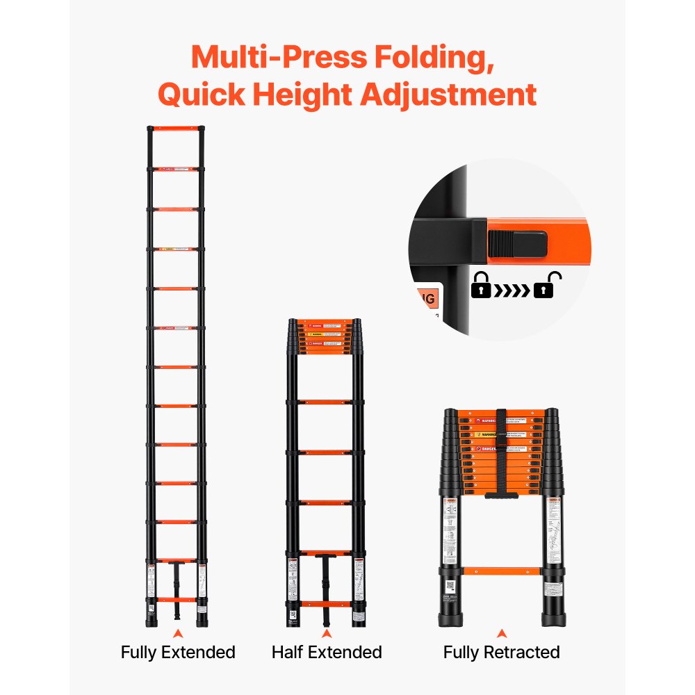 VEVOR Telescoping Ladder, 12.5 ft Extension Ladder Multi-Button Retraction, Heavy-Duty 330 lbs Capacity, for Home Repairs, Painting, Window Cleaning and RV, Aluminum, Anti-Slip Steps, Orange & Black