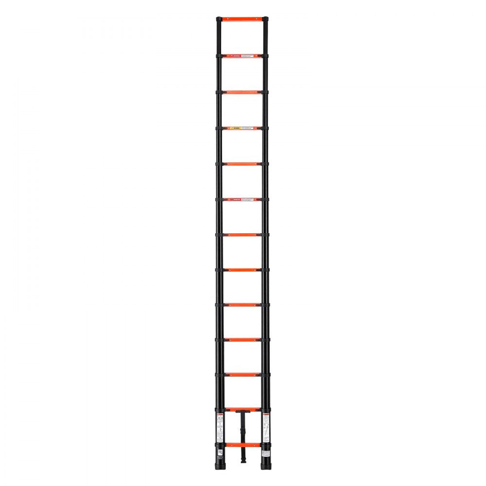 VEVOR Telescoping Ladder, 12.5 ft Extension Ladder Multi-Button Retraction, Heavy-Duty 330 lbs Capacity, for Home Repairs, Painting, Window Cleaning and RV, Aluminum, Anti-Slip Steps, Orange & Black