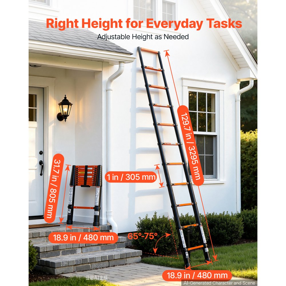VEVOR Telescoping Ladder, 10.5 ft Extension Ladder Multi-Button Retraction, Heavy-Duty 330 lbs Capacity, for Home Repairs, Painting, Window Cleaning and RV, Aluminum, Anti-Slip Steps, Orange & Black