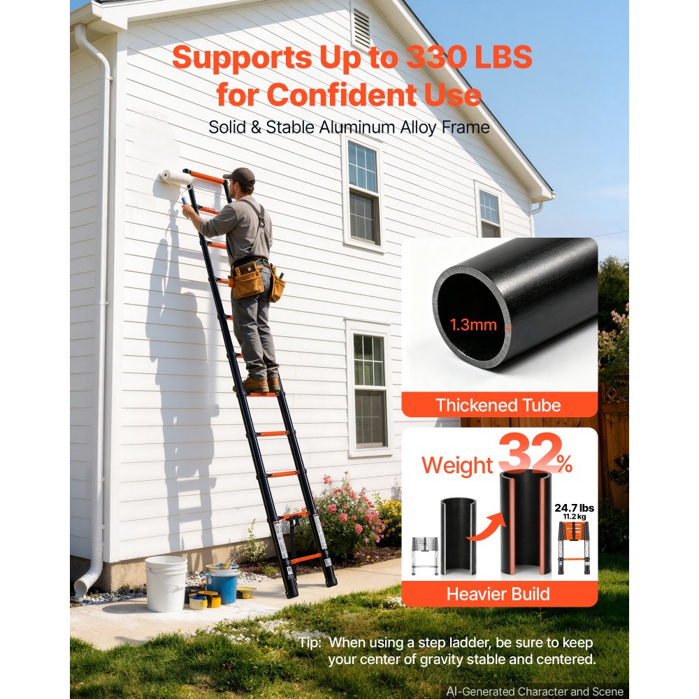 VEVOR Telescoping Ladder, 10.5 ft Extension Ladder Multi-Button Retraction, Heavy-Duty 330 lbs Capacity, for Home Repairs, Painting, Window Cleaning and RV, Aluminum, Anti-Slip Steps, Orange & Black