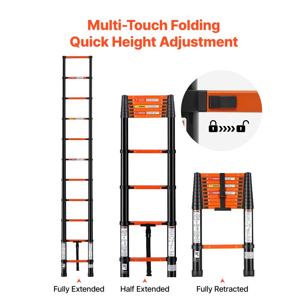 VEVOR Telescoping Ladder, 10.5 ft Extension Ladder Multi-Button Retraction, Heavy-Duty 330 lbs Capacity, for Home Repairs, Painting, Window Cleaning and RV, Aluminum, Anti-Slip Steps, Orange & Black