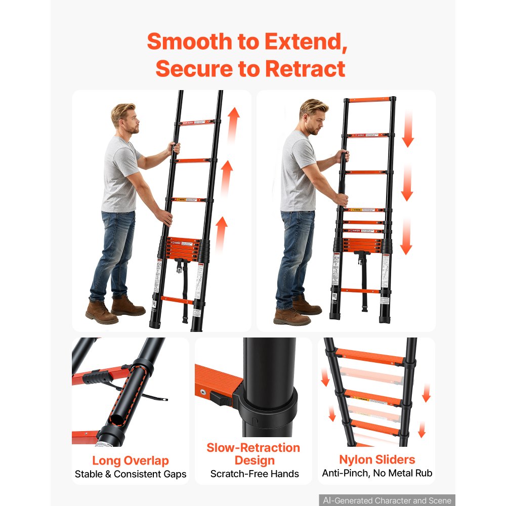 VEVOR Telescoping Ladder, 10.5 ft Extension Ladder Multi-Button Retraction, Heavy-Duty 330 lbs Capacity, for Home Repairs, Painting, Window Cleaning and RV, Aluminum, Anti-Slip Steps, Orange & Black