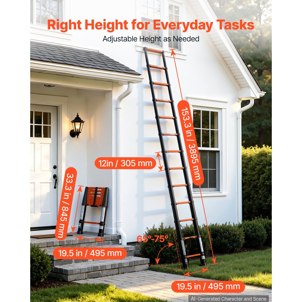 VEVOR Telescoping Ladder, 12.5 ft Extension Ladder One-Button Retraction, Heavy-Duty 330 lbs Capacity, for Home Repairs, Painting, Window Cleaning and RV, Aluminum, Anti-Slip Steps, Orange & Black