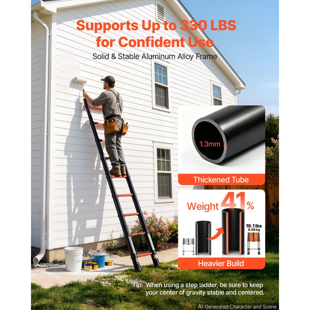 VEVOR Telescoping Ladder, 12.5 ft Extension Ladder One-Button Retraction, Heavy-Duty 330 lbs Capacity, for Home Repairs, Painting, Window Cleaning and RV, Aluminum, Anti-Slip Steps, Orange & Black