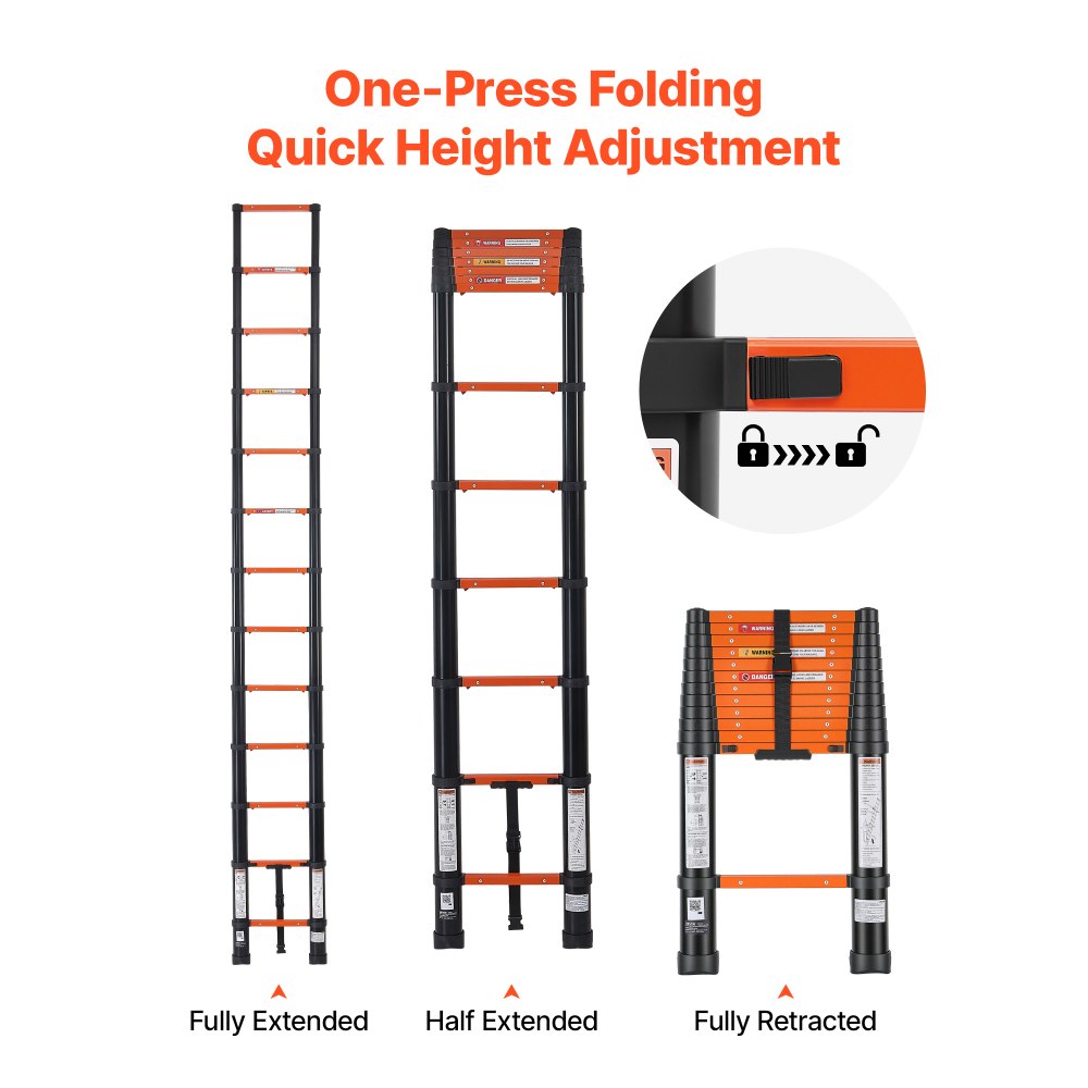 VEVOR Telescoping Ladder, 12.5 ft Extension Ladder One-Button Retraction, Heavy-Duty 330 lbs Capacity, for Home Repairs, Painting, Window Cleaning and RV, Aluminum, Anti-Slip Steps, Orange & Black