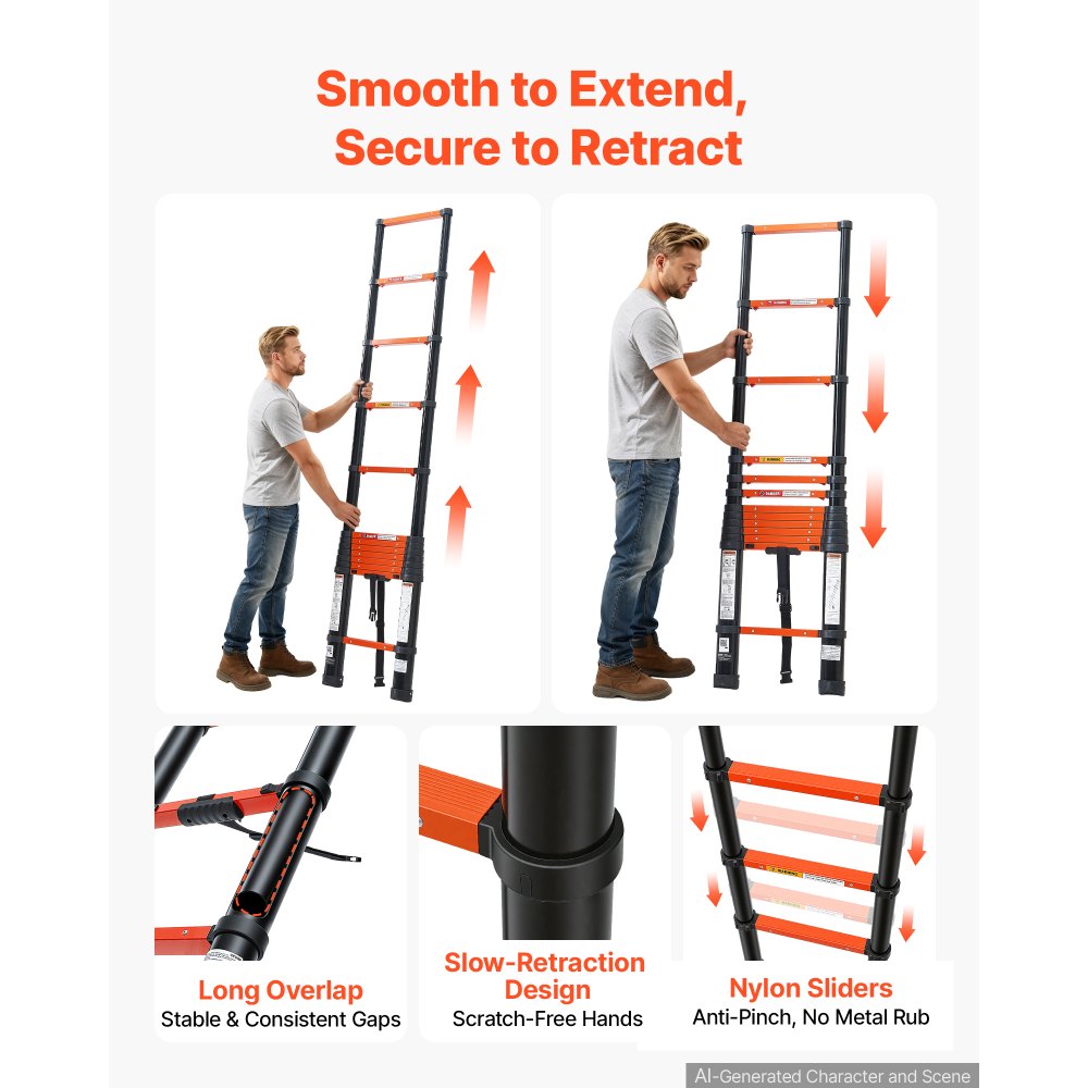 VEVOR Telescoping Ladder, 12.5 ft Extension Ladder One-Button Retraction, Heavy-Duty 330 lbs Capacity, for Home Repairs, Painting, Window Cleaning and RV, Aluminum, Anti-Slip Steps, Orange & Black