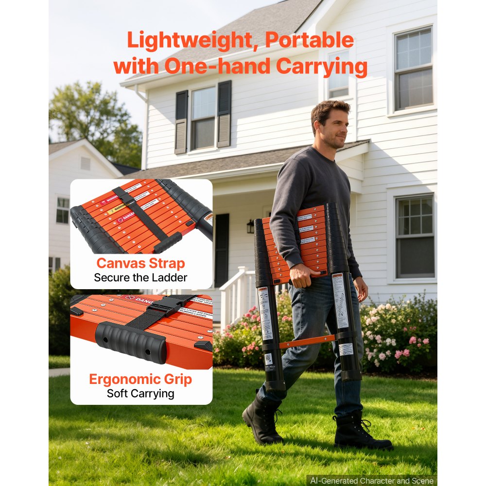 VEVOR Telescoping Ladder, 12.5 ft Extension Ladder One-Button Retraction, Heavy-Duty 330 lbs Capacity, for Home Repairs, Painting, Window Cleaning and RV, Aluminum, Anti-Slip Steps, Orange & Black