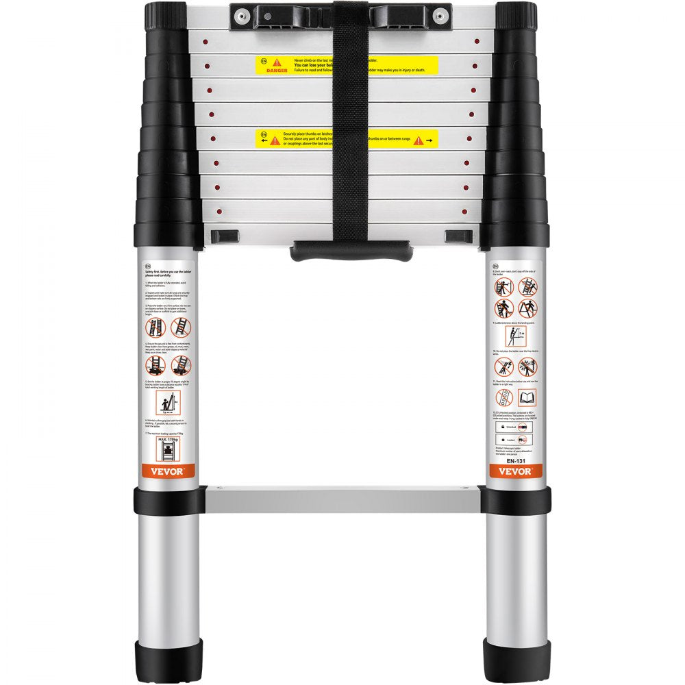 VEVOR Telescoping Ladder, 10.5 FT Aluminum One-button Retraction Collapsible Extension Ladder, 375 LBS Capacity with Non-slip Feet, Portable Multi-purpose Compact Ladder for Home, RV, Loft, ANSI Liste