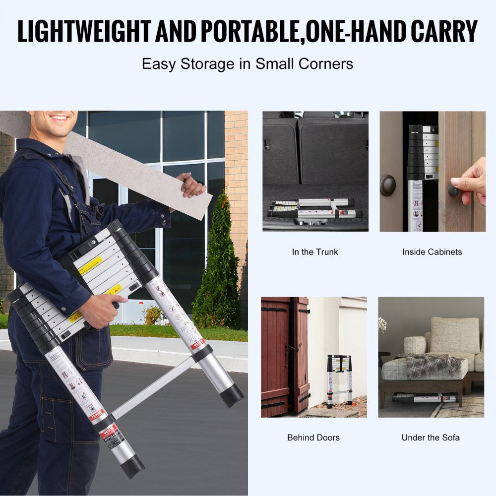 VEVOR Telescoping Ladder, 8.5FT Aluminum Lightweight Extension Ladder, One-button Retraction Collapsible Ladder, 375 LBS Capacity with Non-slip Feet, Portable Compact Ladders for Home, RV, Loft