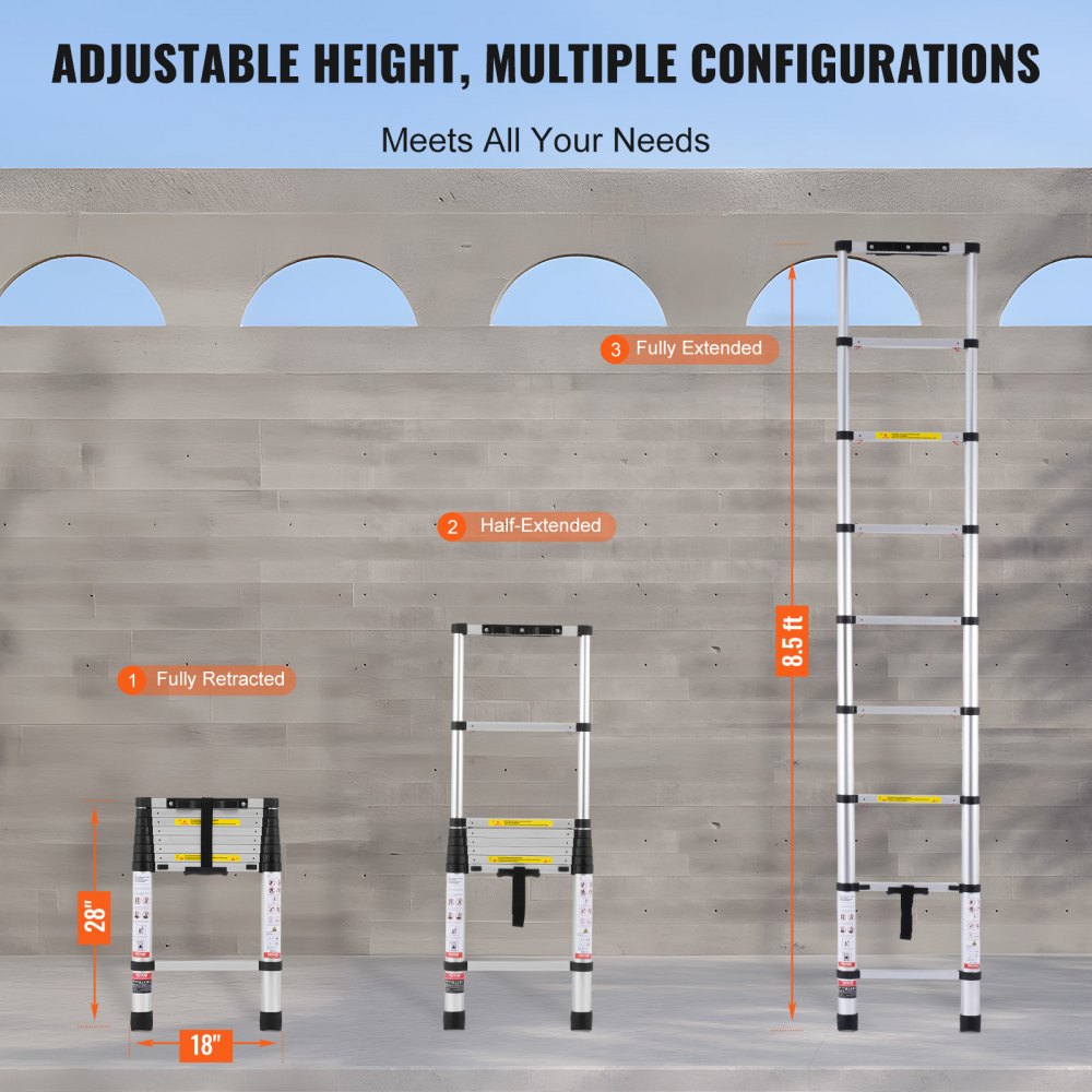 VEVOR Telescoping Ladder, 8.5FT Aluminum Lightweight Extension Ladder, One-button Retraction Collapsible Ladder, 375 LBS Capacity with Non-slip Feet, Portable Compact Ladders for Home, RV, Loft