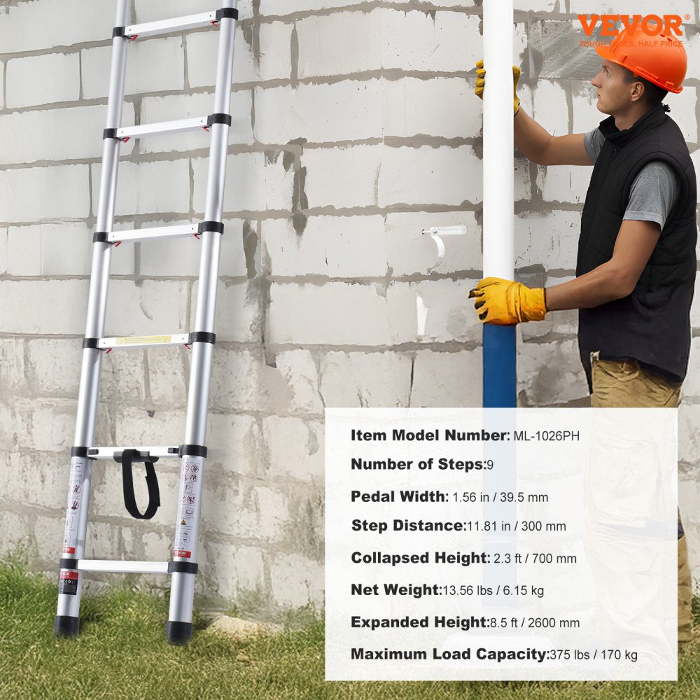 VEVOR Telescoping Ladder, 8.5FT Aluminum Lightweight Extension Ladder, One-button Retraction Collapsible Ladder, 375 LBS Capacity with Non-slip Feet, Portable Compact Ladders for Home, RV, Loft