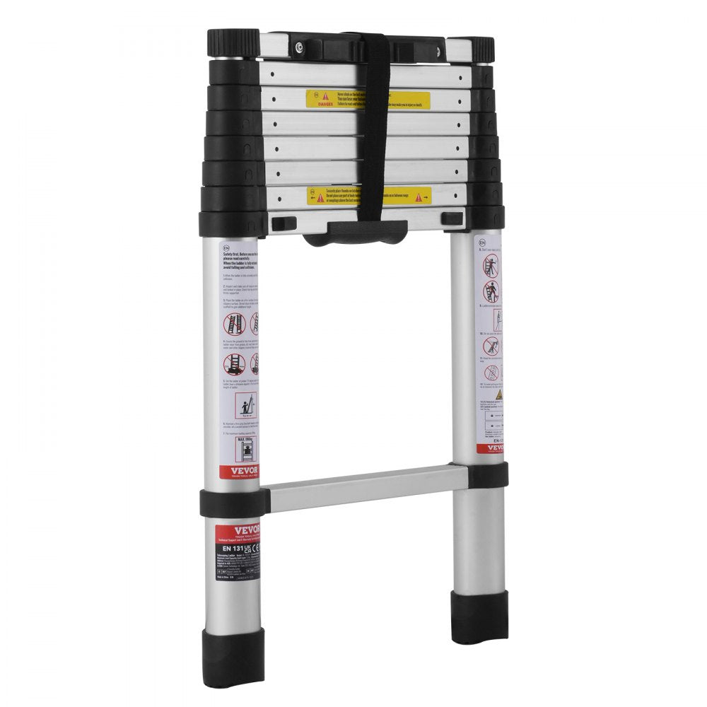 VEVOR Telescoping Ladder, 8.5FT Aluminum Lightweight Extension Ladder, One-button Retraction Collapsible Ladder, 375 LBS Capacity with Non-slip Feet, Portable Compact Ladders for Home, RV, Loft