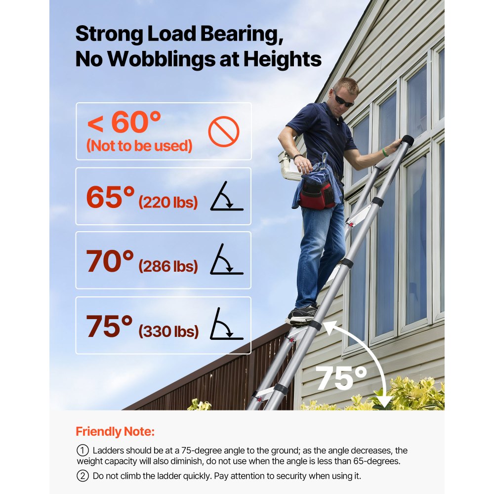VEVOR 12.5ft Telescoping Ladder, Aluminum Lightweight Multi-Purpose Collapsible Extension, One-Touch Retraction Ladder, Heavy Duty 330LBS Max Capacity with Non-Slip Feet, for Home, Outdoor Work, Loft