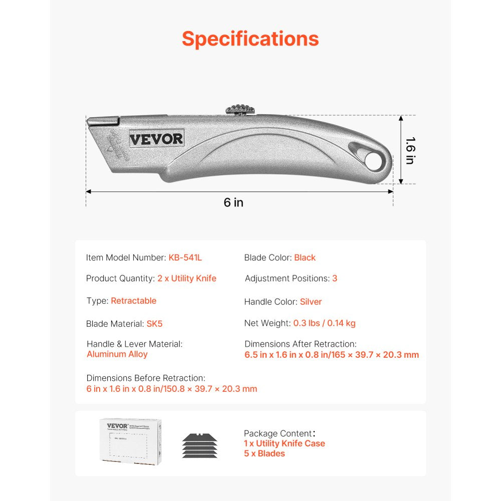VEVOR Utility Knife, 2-Pack Retractable Box Cutter, with Aluminum Alloy Case, SK5 Blades and Handle, 3-Position Blade, 5 Blades, Heavy Duty Box Cutter for Leather, Card Board, Rubber Cables, Silver