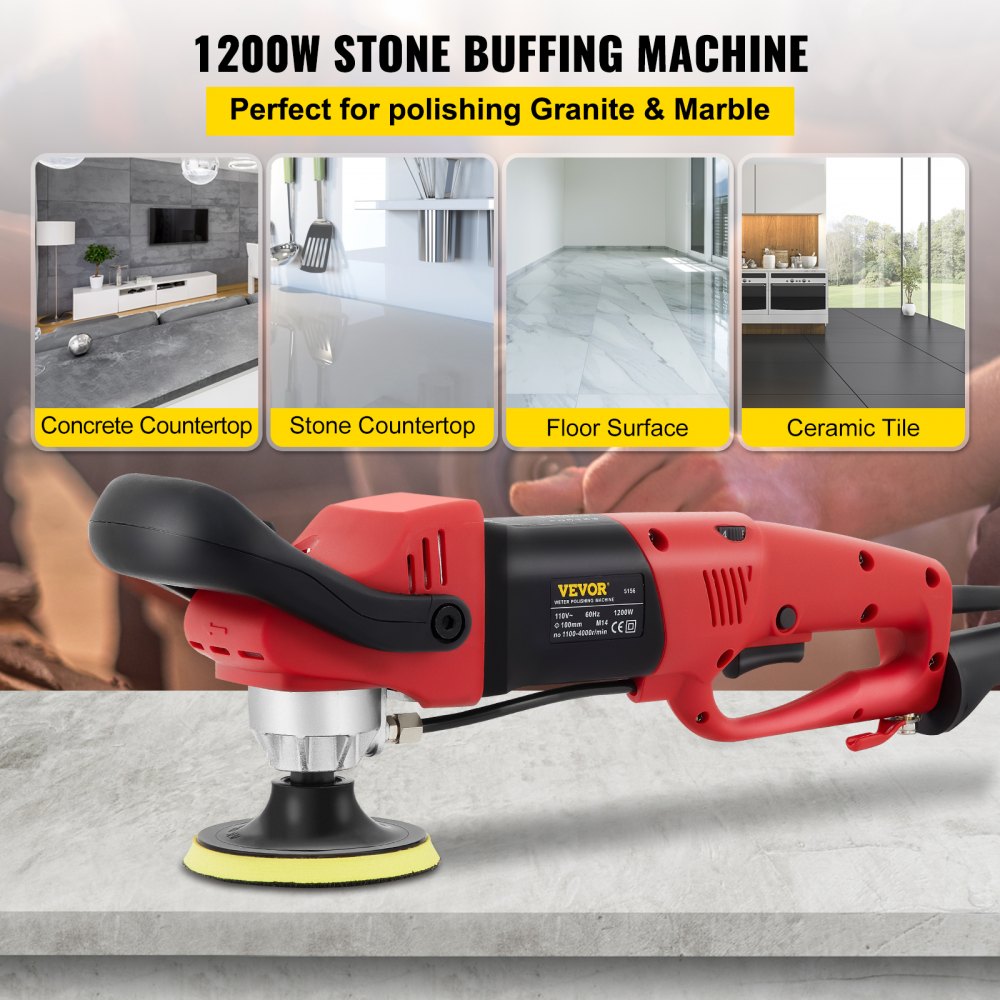 VEVOR Wet Polisher Grinder, Variable Speed 4\" & 5\" Diamond Polishing Pads, Buffing Machine with 78.7\" Water Pipe Adapter & Splash Shield, Electronic Concrete Stone for Title Floor Countertop CE