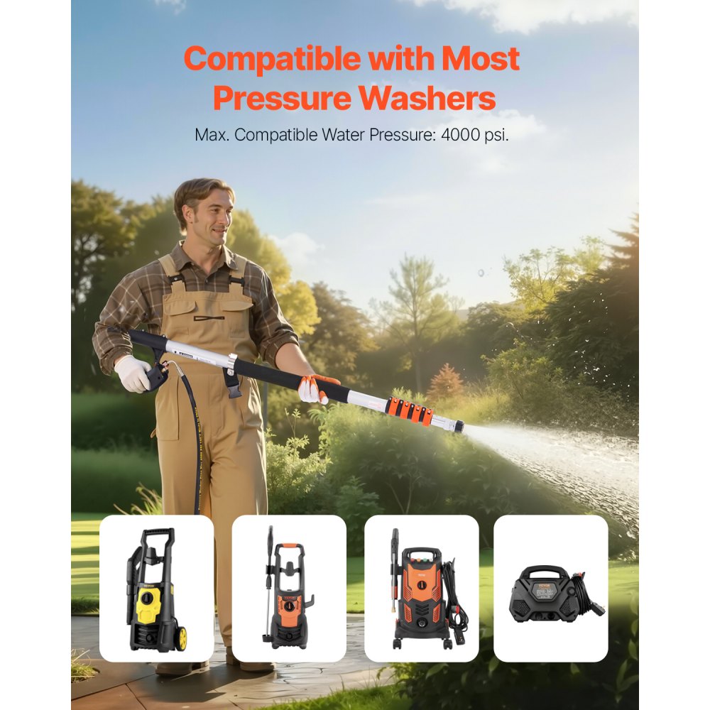 VEVOR Pressure Washer Telescoping Wand, 24 ft, 4000 psi, Telescopic Spray Wand with Power Washer Extension Wands, Gutter Cleaner, Pivoting Coupler, 7 Spray Nozzle Tips and Adjustable Support Harness