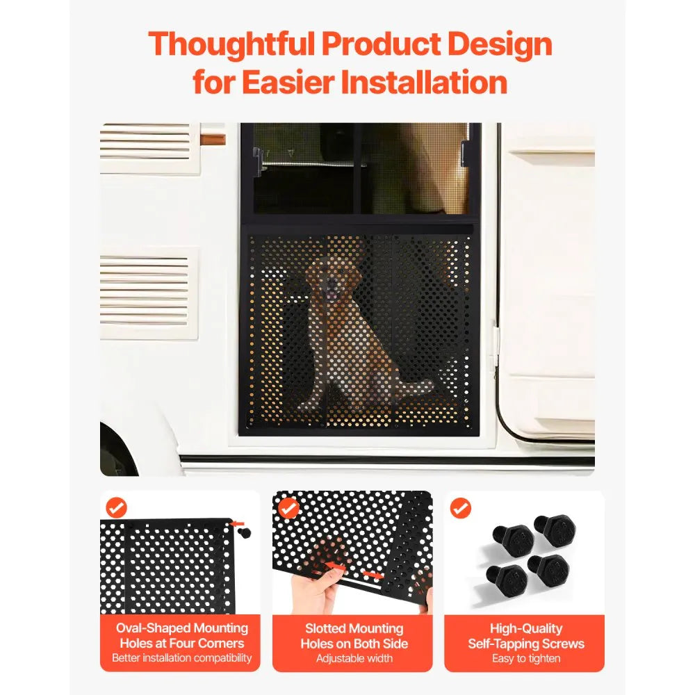 VEVOR RV Screen Door Protector, Adjusts from 22 to 31.5 inch, Adjustable Door Grille, Easy to Install, Reinforced Breathable Honeycomb Holes, Iron Camper RV Entry Protector for Pet Protection, Black