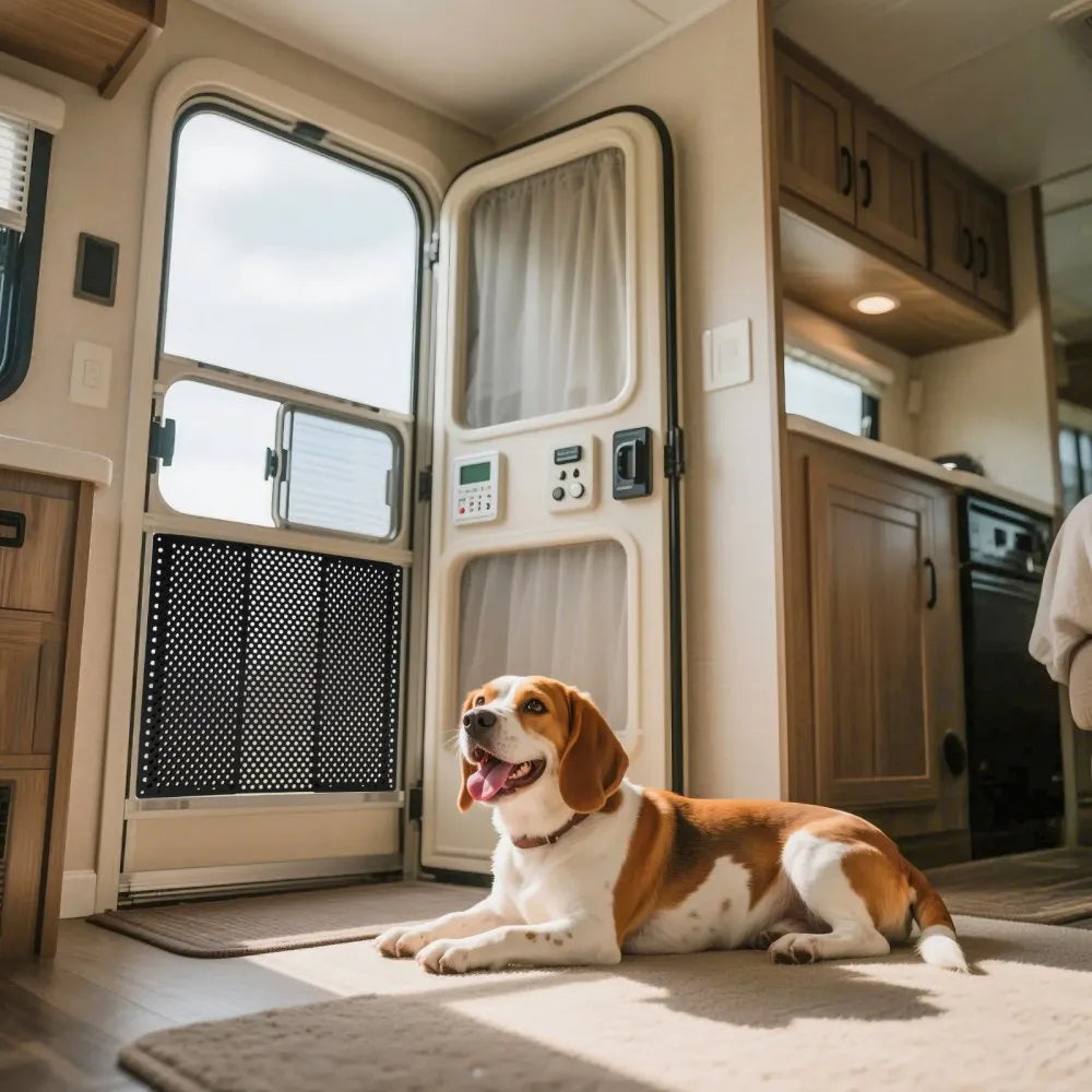 VEVOR RV Screen Door Protector, Adjusts from 22 to 31.5 inch, Adjustable Door Grille, Easy to Install, Reinforced Breathable Honeycomb Holes, Iron Camper RV Entry Protector for Pet Protection, Black