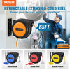 VEVOR Retractable Extension Cord Reel, 65 FT, Heavy Duty 12AWG/3C SJTOW Retractable Power Cord with Lighted Triple Tap Outlet, 15 Amp Circuit Breaker 180° Swivel Bracket for Ceiling or Wall Mount