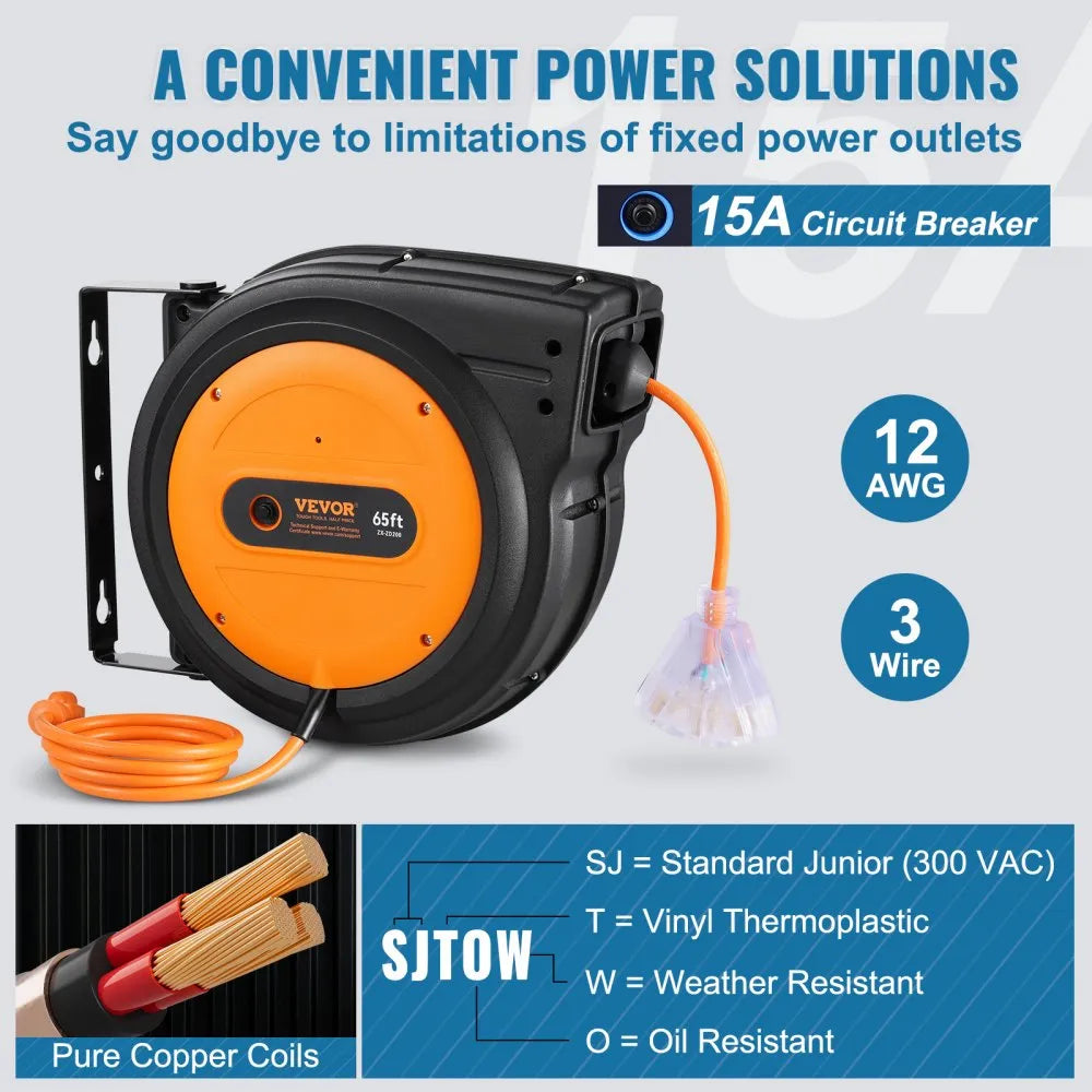 VEVOR Retractable Extension Cord Reel, 65 FT, Heavy Duty 12AWG/3C SJTOW Retractable Power Cord with Lighted Triple Tap Outlet, 15 Amp Circuit Breaker 180° Swivel Bracket for Ceiling or Wall Mount