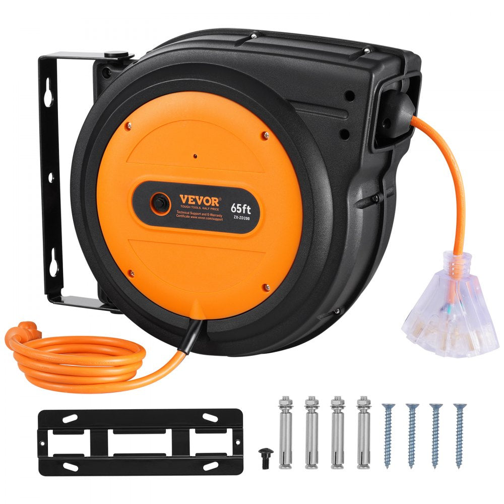 VEVOR Retractable Extension Cord Reel, 65 FT, Heavy Duty 12AWG/3C SJTOW Retractable Power Cord with Lighted Triple Tap Outlet, 15 Amp Circuit Breaker 180° Swivel Bracket for Ceiling or Wall Mount