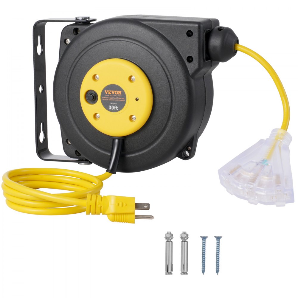 VEVOR Retractable Extension Cord Reel, 30 FT, Heavy Duty 16AWG/3C SJTOW Retractable Power Cord Reel with Lighted Triple Tap Outlet 10 Amp Circuit Breaker 4.5FT Lead-in Cord, for Ceiling or Wall Mount
