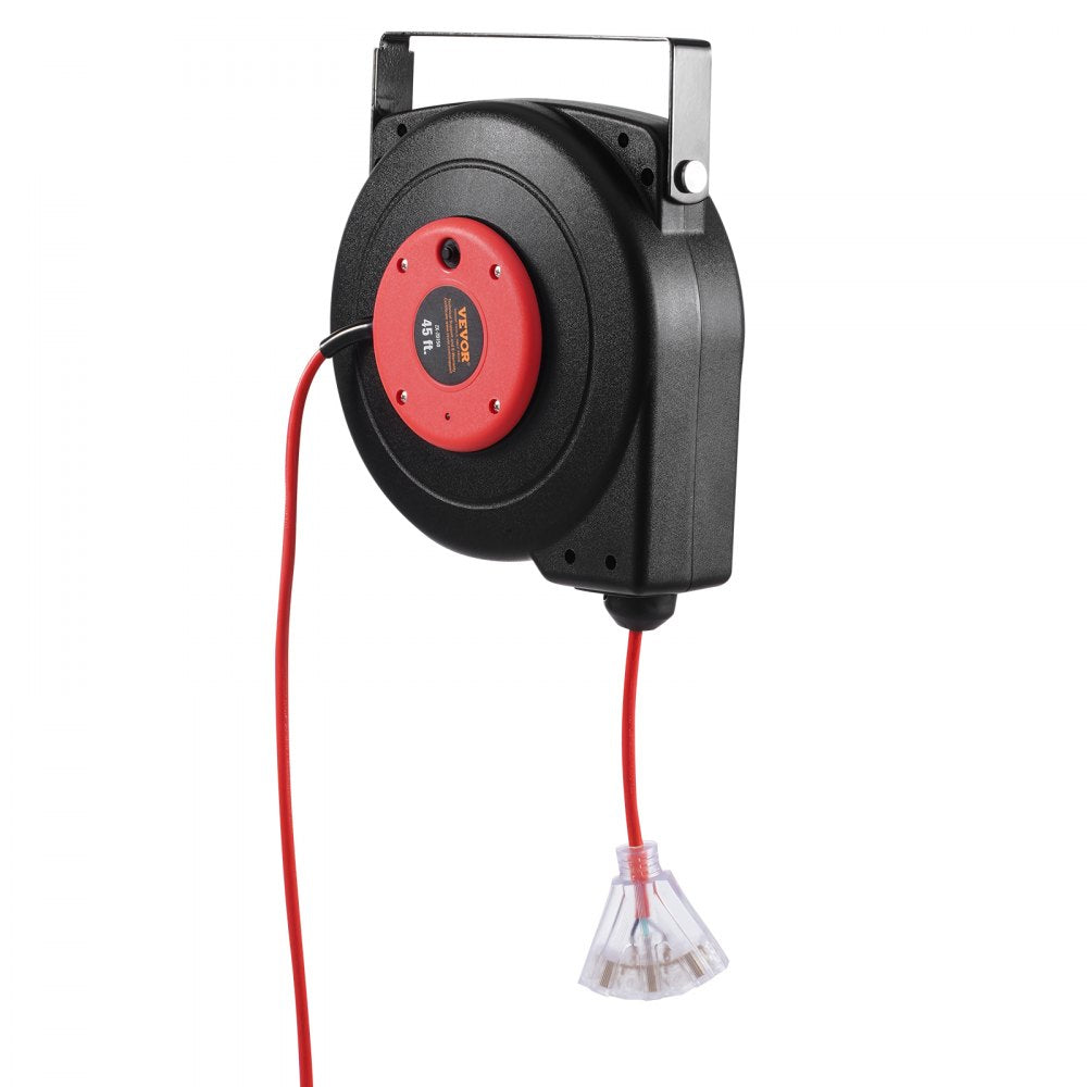 VEVOR Retractable Extension Cord Reel, 45 FT, Heavy Duty 12AWG/3C SJTOW Retractable Power Cord with Lighted Triple Tap Outlet, 15 Amp Circuit Breaker 180° Swivel Bracket for Ceiling or Wall Mount