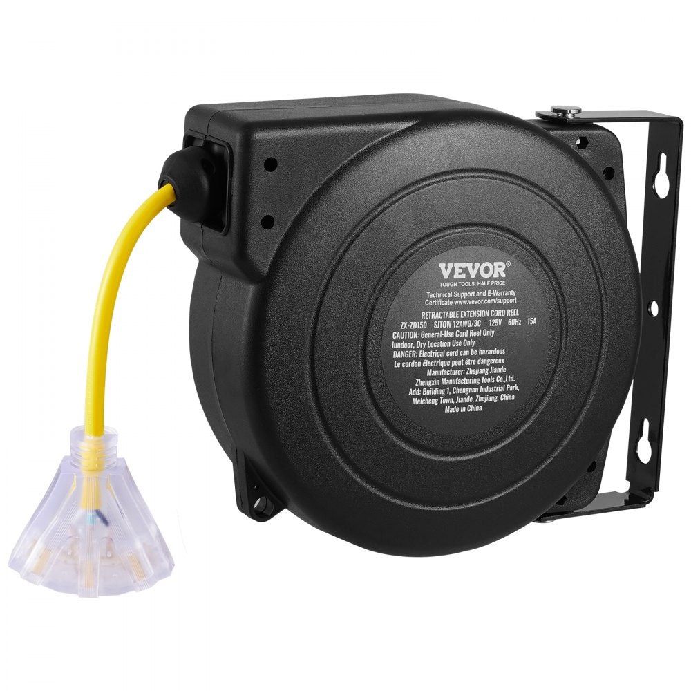 VEVOR Retractable Extension Cord Reel, 45 FT, Heavy Duty 12AWG/3C SJTOW Retractable Power Cord with Lighted Triple Tap Outlet, 15 Amp Circuit Breaker 180° Swivel Bracket for Ceiling or Wall Mount