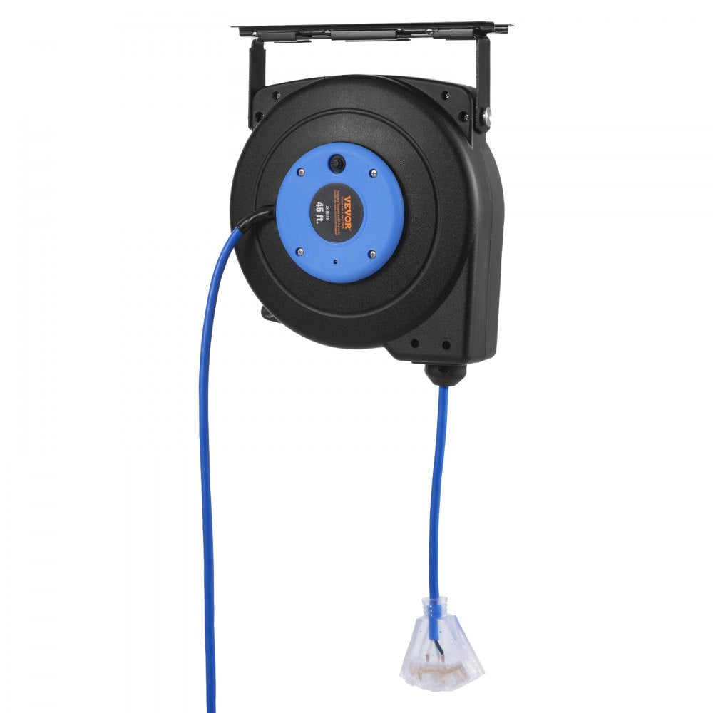 VEVOR Retractable Extension Cord Reel, 45 FT, Heavy Duty 12AWG/3C SJTOW Retractable Power Cord with Lighted Triple Tap Outlet, 15 Amp Circuit Breaker 180° Swivel Bracket for Ceiling or Wall Mount