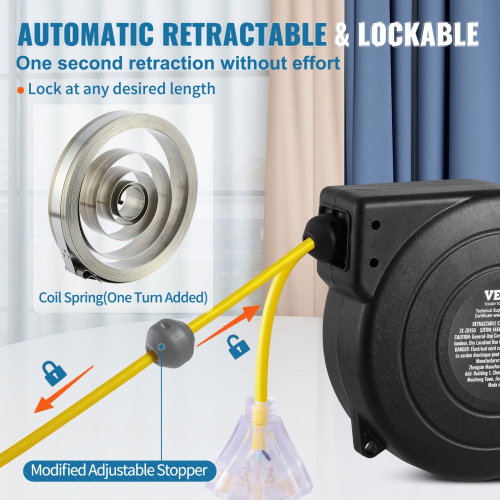 VEVOR Retractable Extension Cord Reel, 50 FT, Heavy Duty 14AWG/3C SJTOW Retractable Power Cord with Lighted Triple Tap Outlet, 13 Amp Circuit Breaker 180° Swivel Bracket for Ceiling or Wall Mount