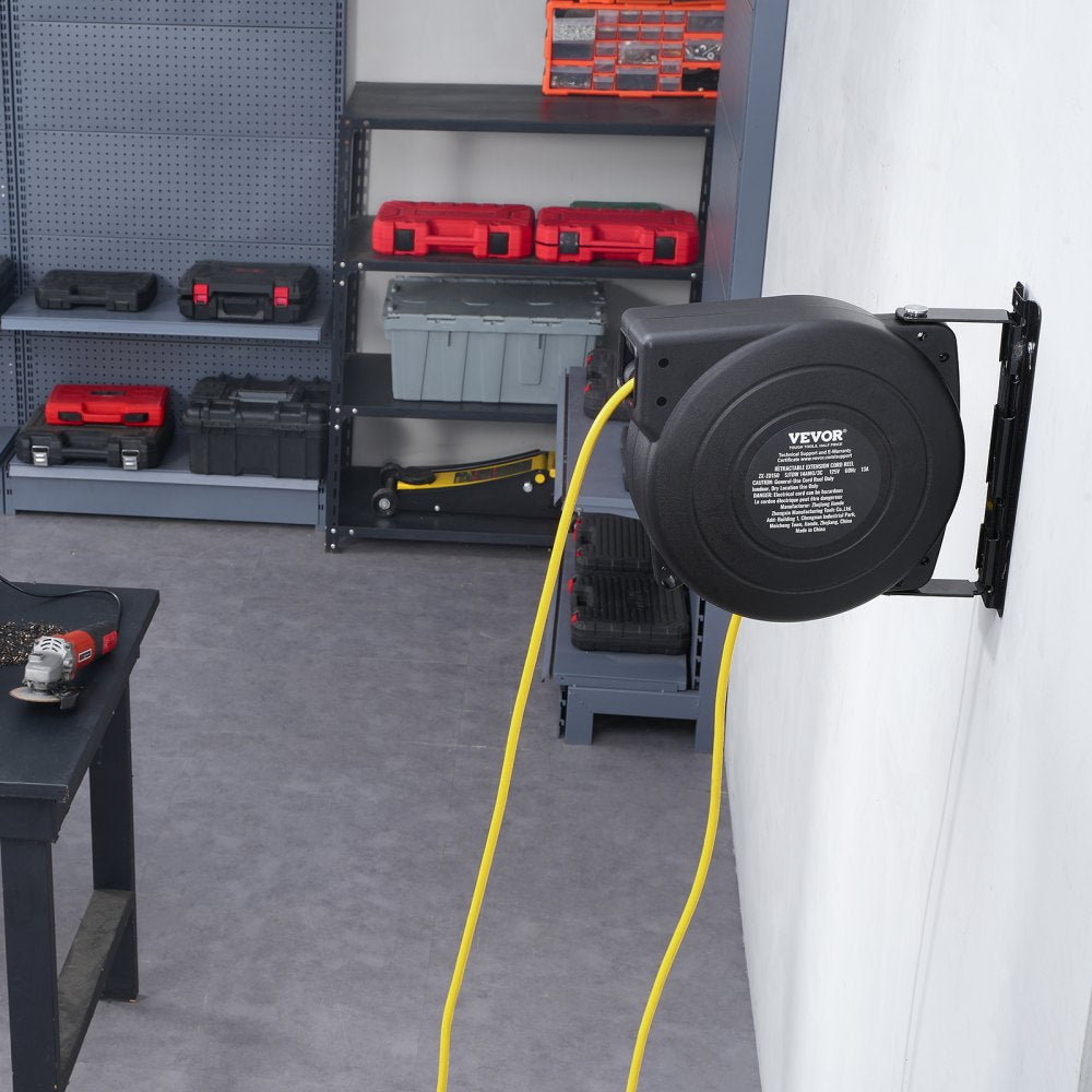 VEVOR Retractable Extension Cord Reel, 50 FT, Heavy Duty 14AWG/3C SJTOW Retractable Power Cord with Lighted Triple Tap Outlet, 13 Amp Circuit Breaker 180° Swivel Bracket for Ceiling or Wall Mount