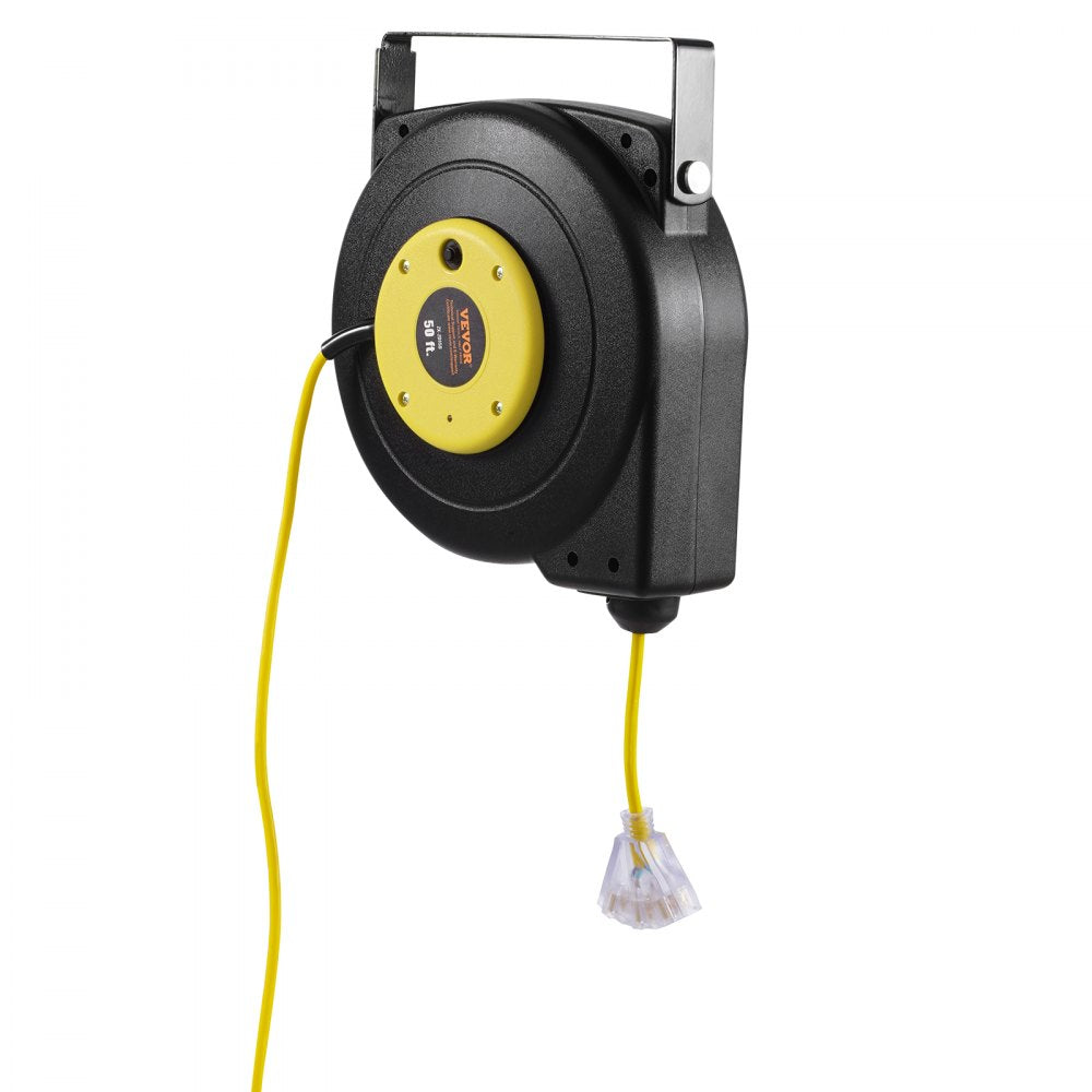 VEVOR Retractable Extension Cord Reel, 50 FT, Heavy Duty 14AWG/3C SJTOW Retractable Power Cord with Lighted Triple Tap Outlet, 13 Amp Circuit Breaker 180° Swivel Bracket for Ceiling or Wall Mount