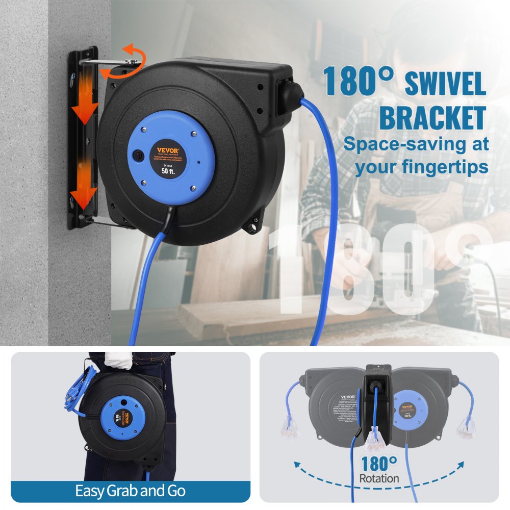 VEVOR Retractable Extension Cord Reel, 50 FT, Heavy Duty 14AWG/3C SJTOW Retractable Power Cord with Lighted Triple Tap Outlet, 13 Amp Circuit Breaker 180° Swivel Bracket for Ceiling or Wall Mount