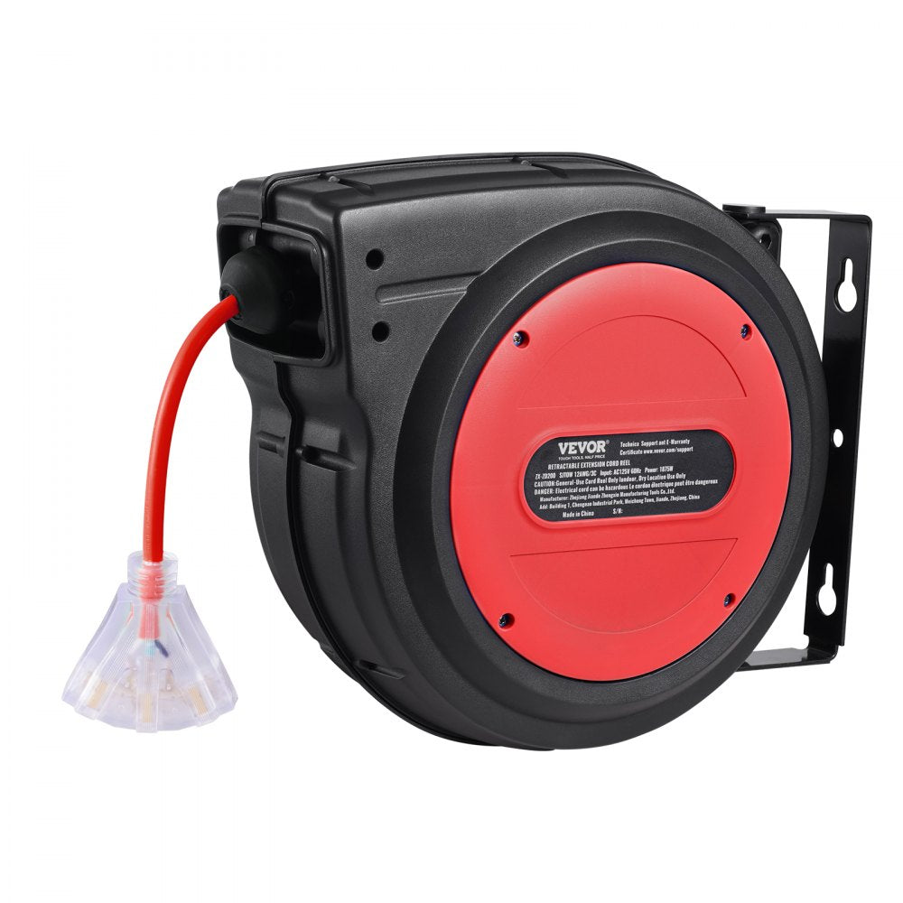 VEVOR Retractable Extension Cord Reel, 65 FT, Heavy Duty 12AWG/3C SJTOW Retractable Power Cord with Lighted Triple Tap Outlet, 15 Amp Circuit Breaker 180° Swivel Bracket for Ceiling or Wall Mount