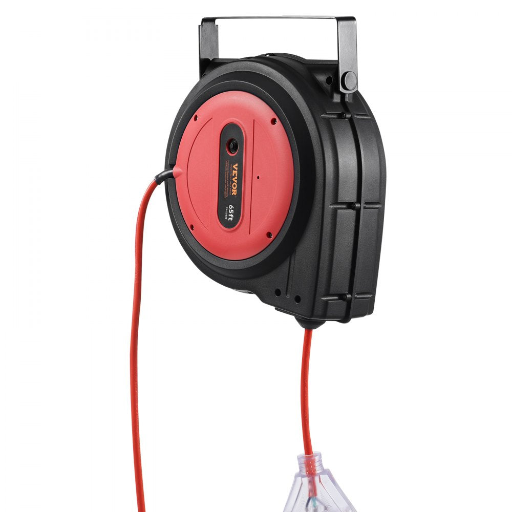 VEVOR Retractable Extension Cord Reel, 65 FT, Heavy Duty 12AWG/3C SJTOW Retractable Power Cord with Lighted Triple Tap Outlet, 15 Amp Circuit Breaker 180° Swivel Bracket for Ceiling or Wall Mount
