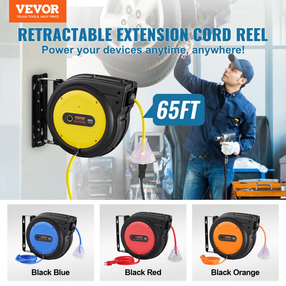 VEVOR Retractable Extension Cord Reel, 65 FT, Heavy Duty 12AWG/3C SJTOW Retractable Power Cord with Lighted Triple Tap Outlet, 15 Amp Circuit Breaker 180° Swivel Bracket for Ceiling or Wall Mount