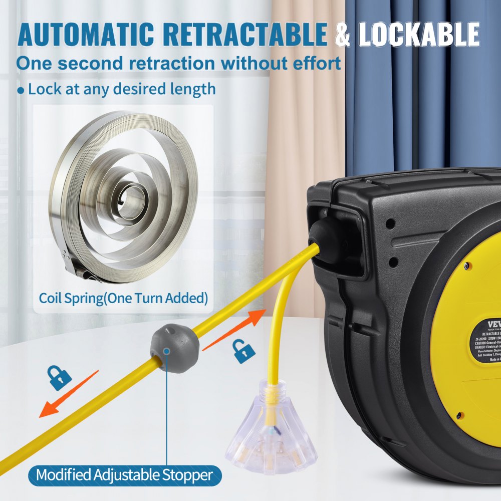 VEVOR Retractable Extension Cord Reel, 65 FT, Heavy Duty 12AWG/3C SJTOW Retractable Power Cord with Lighted Triple Tap Outlet, 15 Amp Circuit Breaker 180° Swivel Bracket for Ceiling or Wall Mount