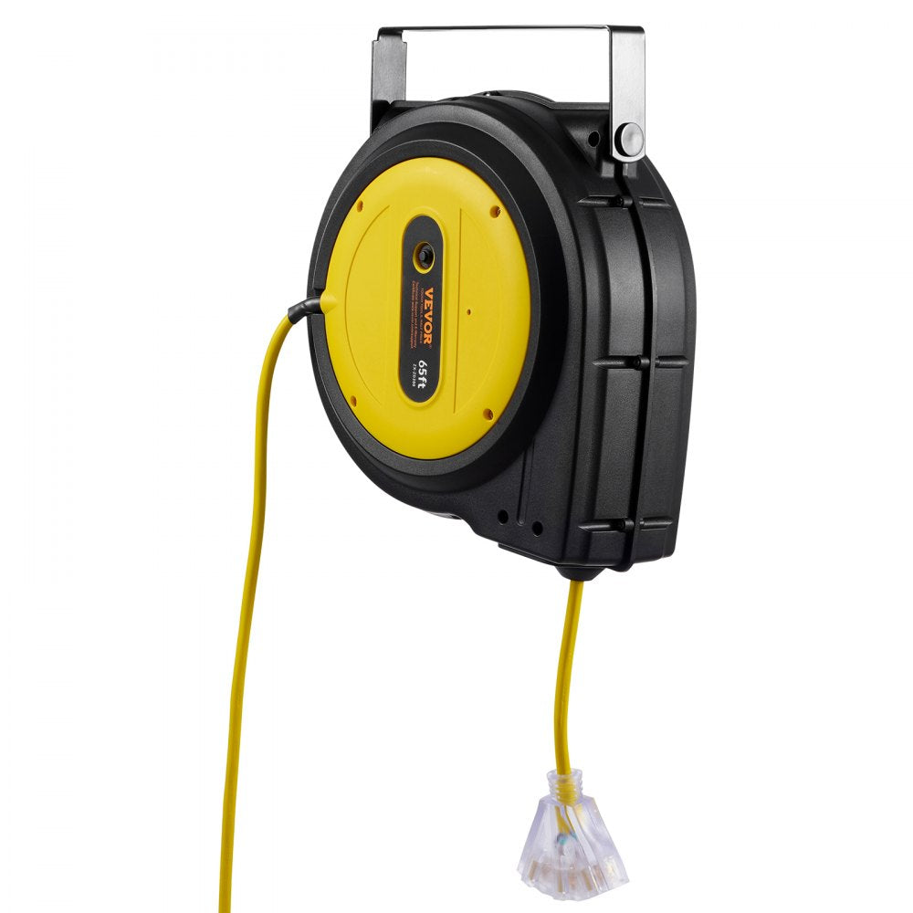 VEVOR Retractable Extension Cord Reel, 65 FT, Heavy Duty 12AWG/3C SJTOW Retractable Power Cord with Lighted Triple Tap Outlet, 15 Amp Circuit Breaker 180° Swivel Bracket for Ceiling or Wall Mount