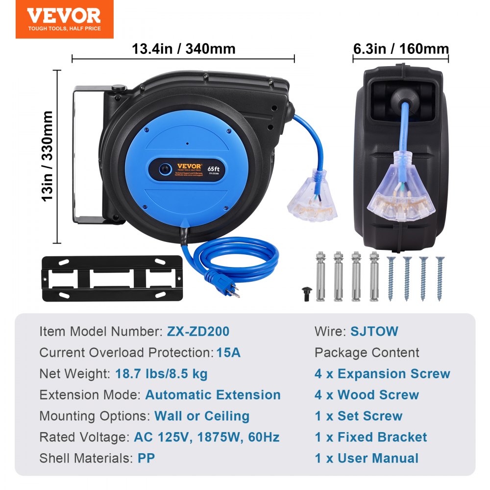 VEVOR Retractable Extension Cord Reel, 65 FT, Heavy Duty 12AWG/3C SJTOW Retractable Power Cord with Lighted Triple Tap Outlet, 15 Amp Circuit Breaker 180° Swivel Bracket for Ceiling or Wall Mount