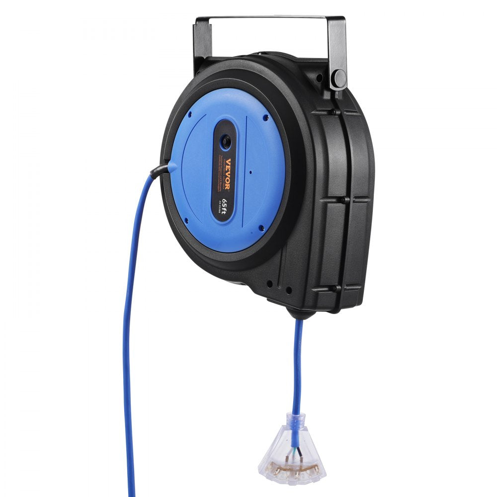 VEVOR Retractable Extension Cord Reel, 65 FT, Heavy Duty 12AWG/3C SJTOW Retractable Power Cord with Lighted Triple Tap Outlet, 15 Amp Circuit Breaker 180° Swivel Bracket for Ceiling or Wall Mount
