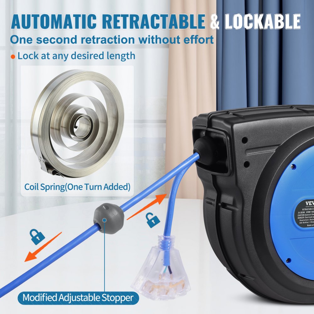 VEVOR Retractable Extension Cord Reel, 75 FT, Heavy Duty 14AWG/3C SJTOW Retractable Power Cord with Lighted Triple Tap Outlet, 13 Amp Circuit Breaker 180° Swivel Bracket for Ceiling or Wall Mount
