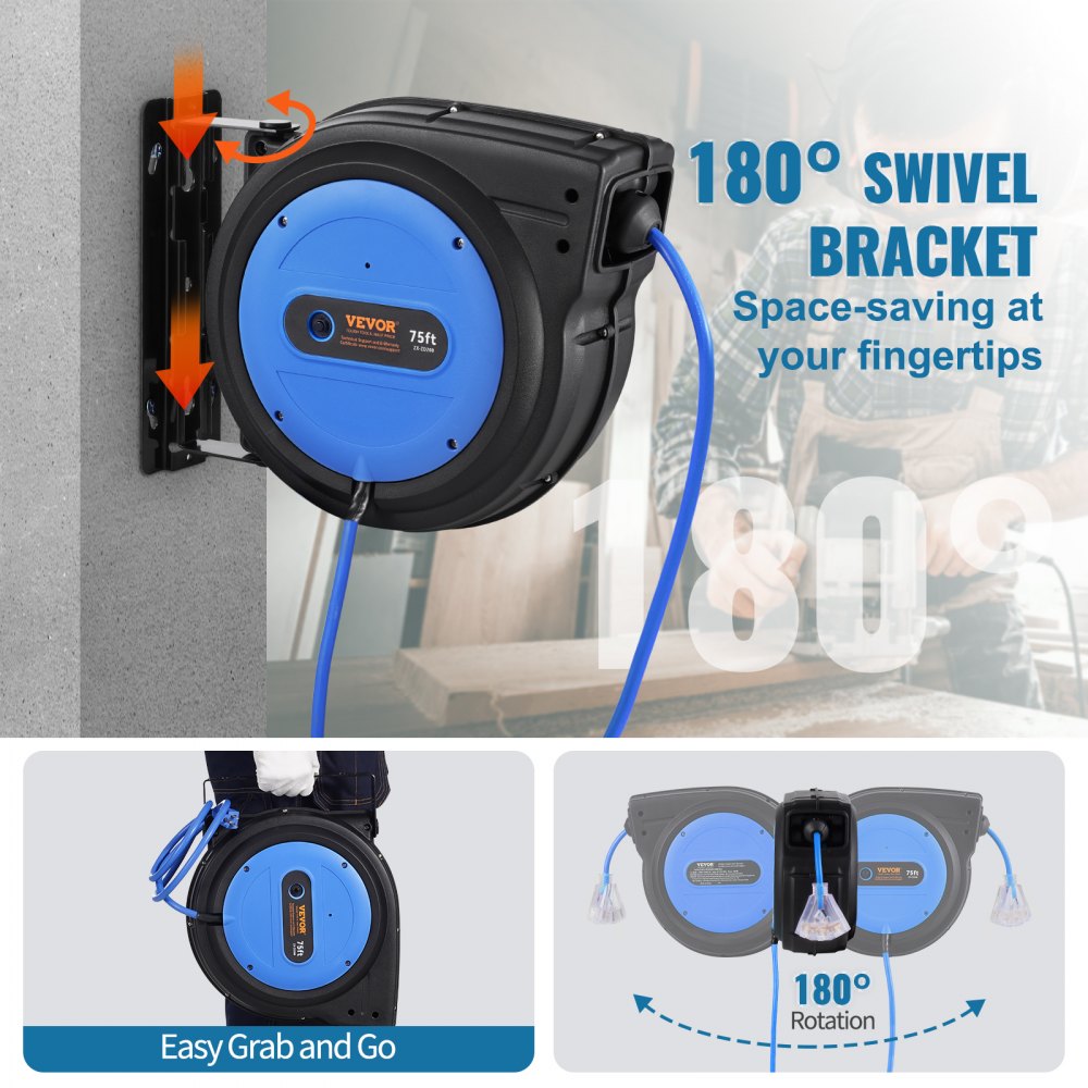 VEVOR Retractable Extension Cord Reel, 75 FT, Heavy Duty 14AWG/3C SJTOW Retractable Power Cord with Lighted Triple Tap Outlet, 13 Amp Circuit Breaker 180° Swivel Bracket for Ceiling or Wall Mount