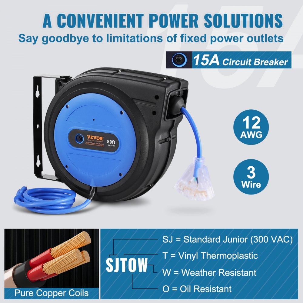VEVOR Retractable Extension Cord Reel, 80 FT, Heavy Duty 12AWG/3C SJTOW Retractable Power Cord with Lighted Triple Tap Outlet, 15 Amp Circuit Breaker 180° Swivel Bracket for Ceiling or Wall Mount