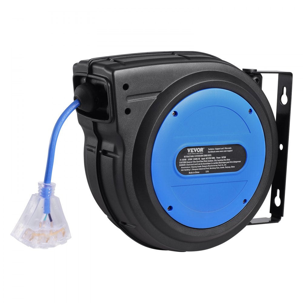 VEVOR Retractable Extension Cord Reel, 80 FT, Heavy Duty 12AWG/3C SJTOW Retractable Power Cord with Lighted Triple Tap Outlet, 15 Amp Circuit Breaker 180° Swivel Bracket for Ceiling or Wall Mount