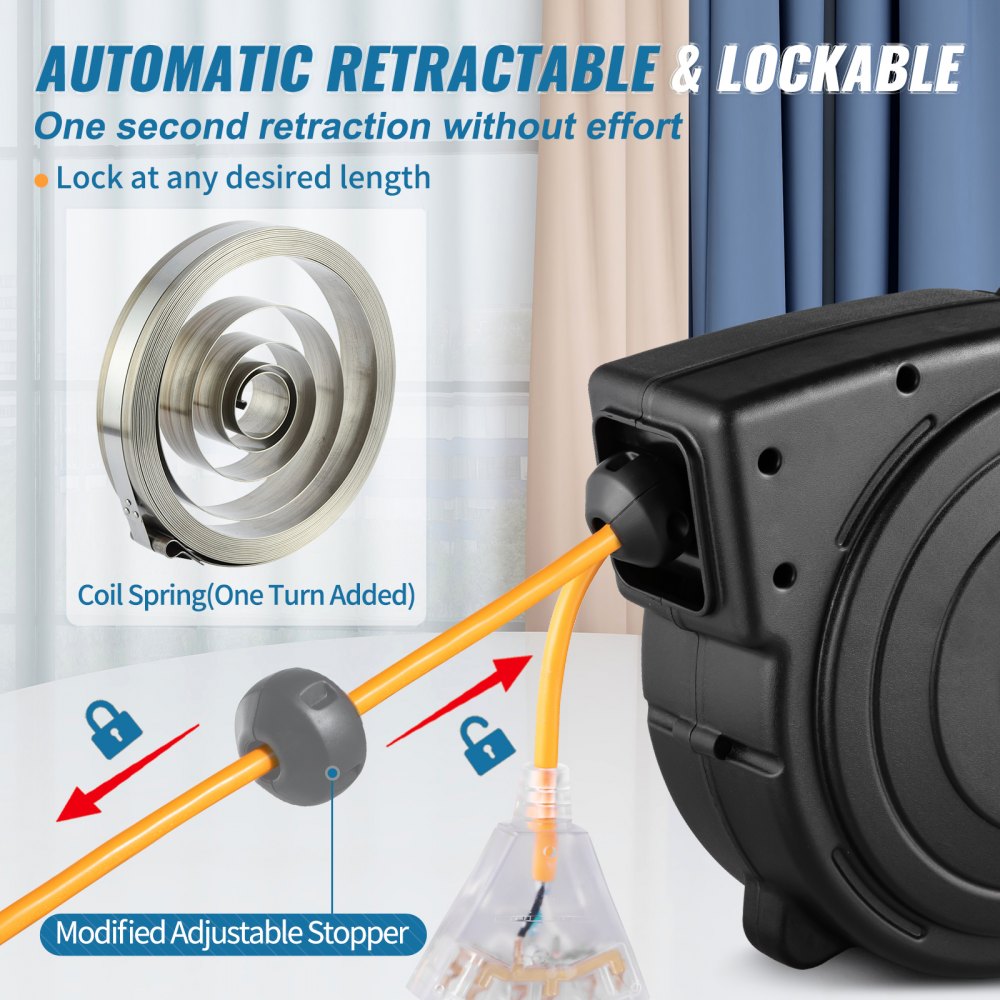 VEVOR Retractable Extension Reel, Heavy Duty 12AWG/3C SJTOW Power Cord 45 FT 12AWG, Black Tested toStandards