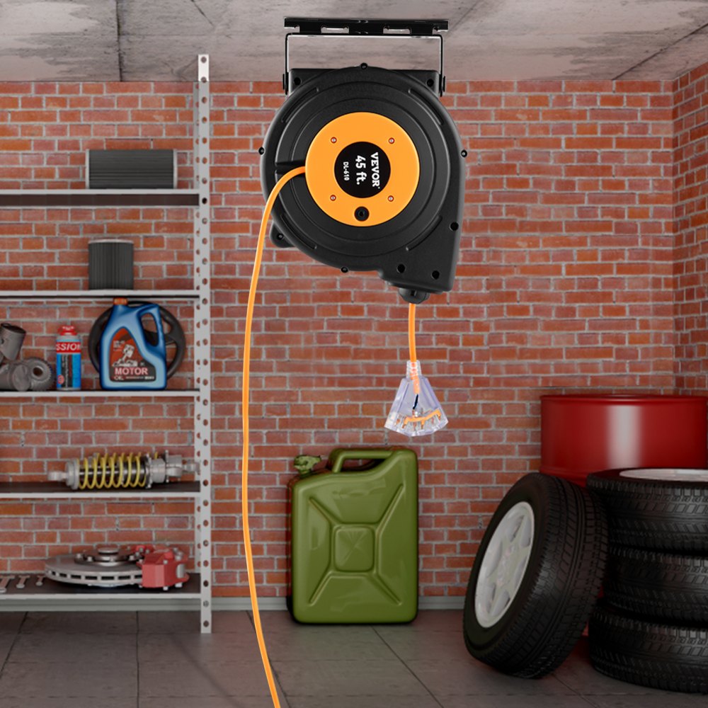 VEVOR Retractable Extension Reel, Heavy Duty 12AWG/3C SJTOW Power Cord 45 FT 12AWG, Black Tested toStandards