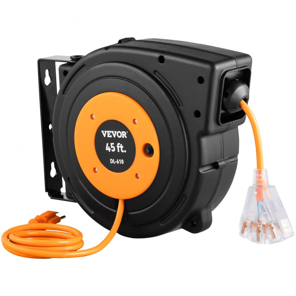 VEVOR Retractable Extension Reel, Heavy Duty 12AWG/3C SJTOW Power Cord 45 FT 12AWG, Black Tested toStandards
