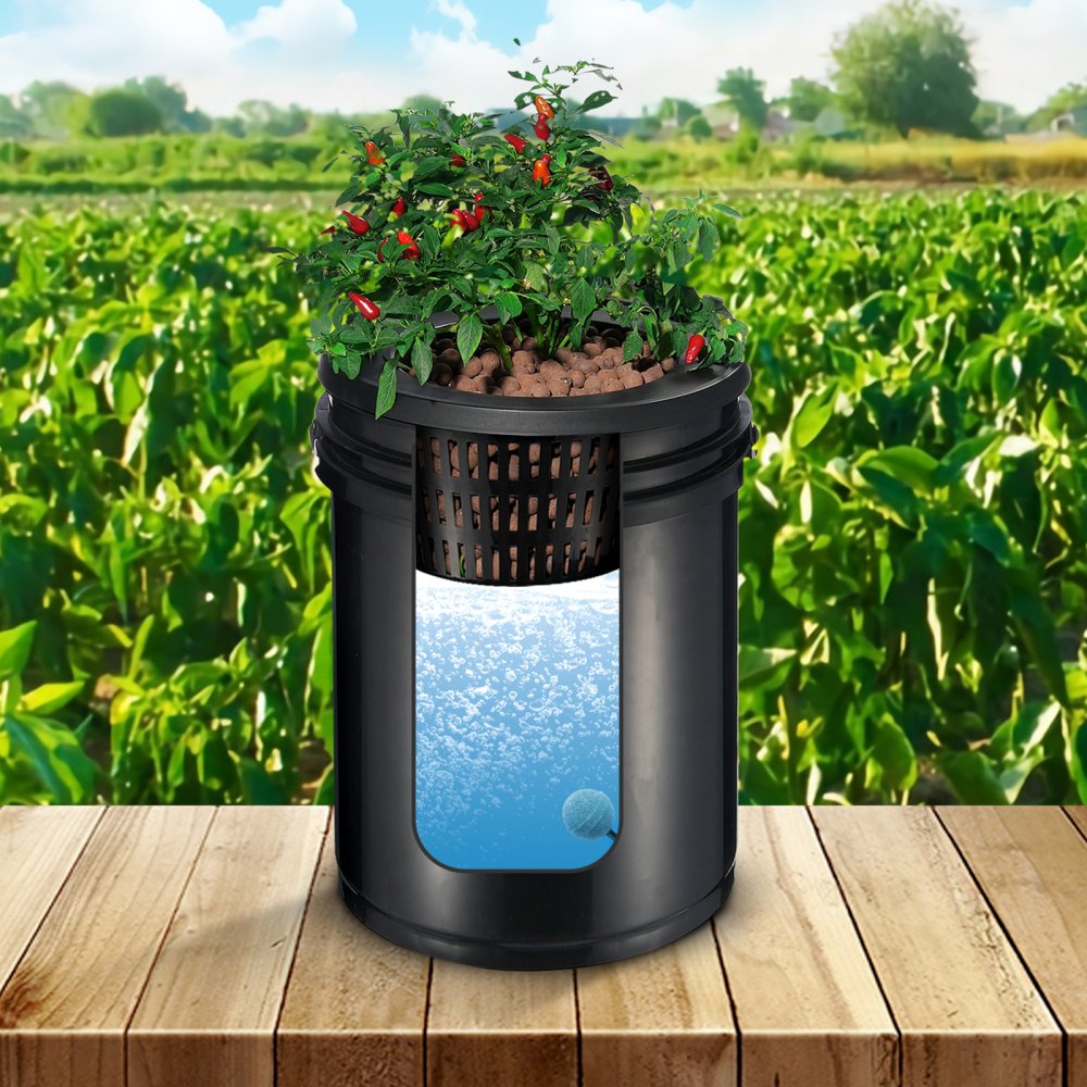 VEVOR RDWC Hydroponics Grow System, Hydroponic Growing Kit with Top Drip, Recirculating Deep Water Culture 4 Buckles and 1 Reservoir, with Air Pump and Water Level Device for Leafy Vegetables