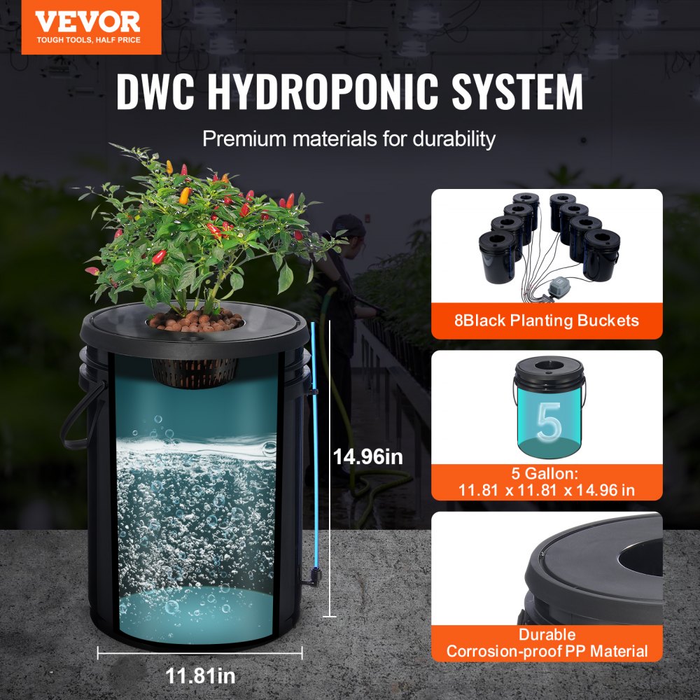 VEVOR DWC Hydroponic System, 5 Gallon 8 Buckets, Deep Water Culture Growing Bucket, Hydroponics Grow Kit with Pump, Air Stone and Water Level Device, for Indoor/Outdoor Leafy Vegetables